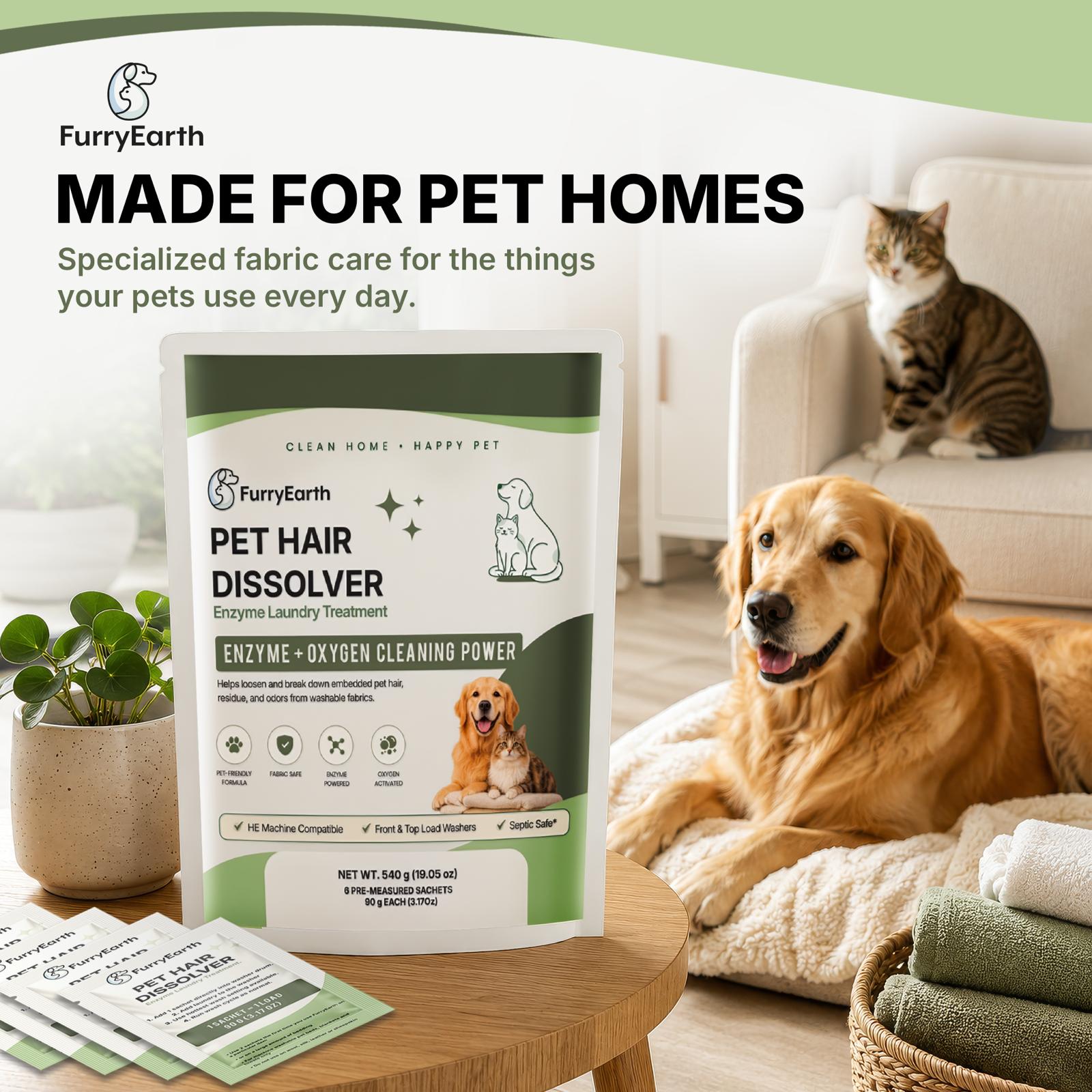 FurryEarth™ Pet Hair Dissolver – Enzyme Laundry Treatment (6 Sachets)