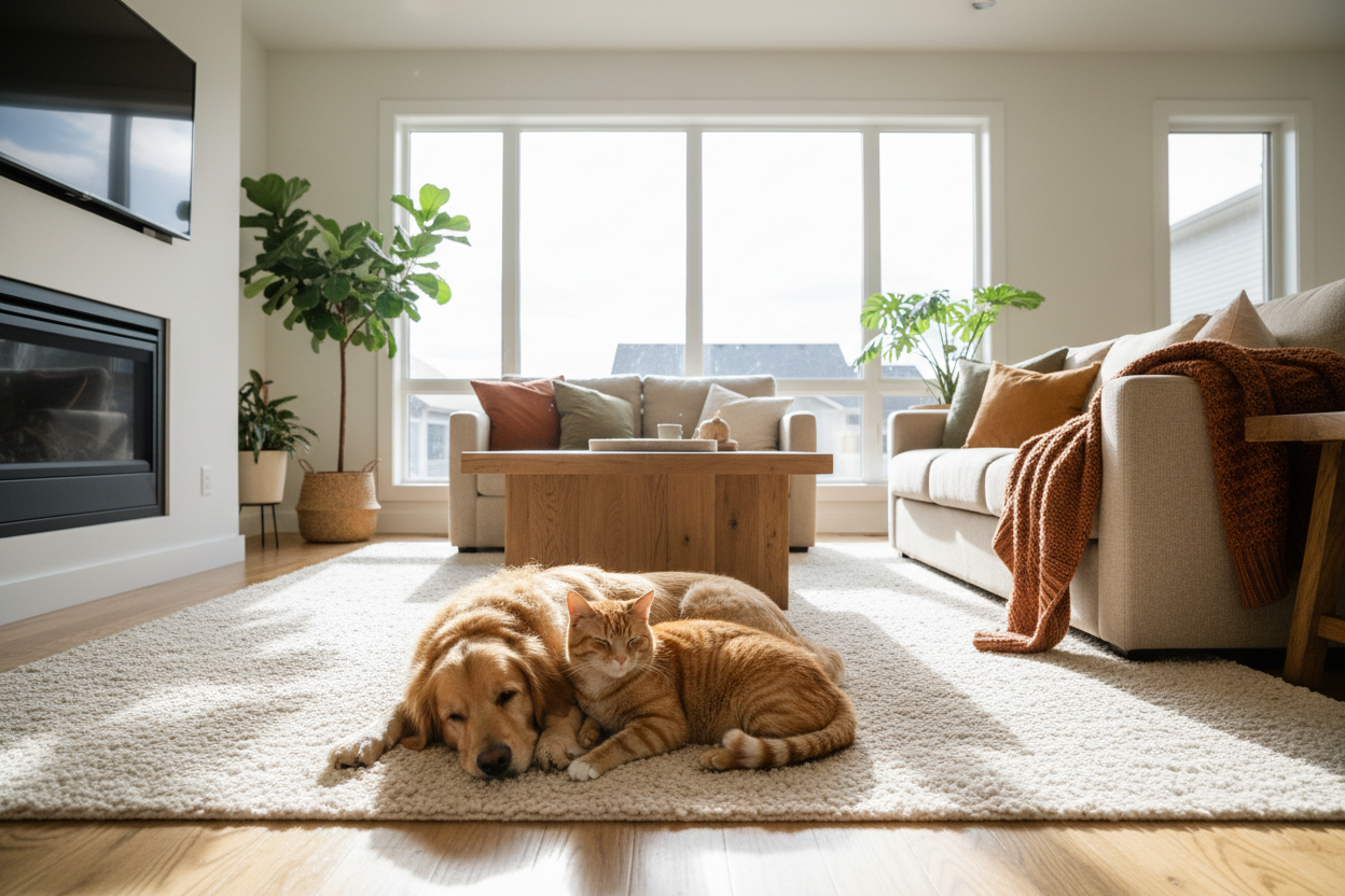 Happy dog and cat in modern home